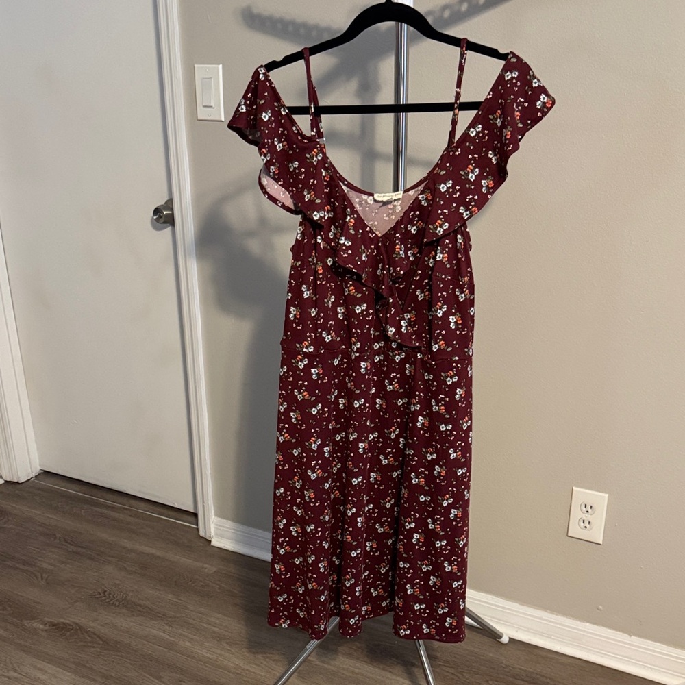 Burgundy Floral Ruffle Midi Dress with Adjustable Straps